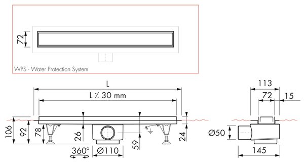 ESS Basic Drain - Univerzálny sprchový žľab 600x72 mm, kompletná sada, kartáčovaná nerezová oceľ BD-60-FL-50/28