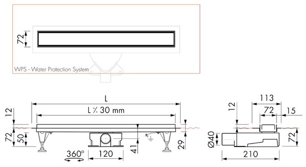 ESS Basic Drain - Univerzálny sprchový žľab 600x72 mm, kompletná sada, kartáčovaná nerezová oceľ BD-60-FL-50/28