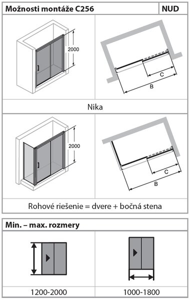 Hüppe Classics 2 EasyEntry - Posuvné dvere 1-dielne s pevným segmentom 2000x1200 mm, upevnenie vpravo, strieborná pololesklá, číre sklo s Anti-Plaque C25609.069.322