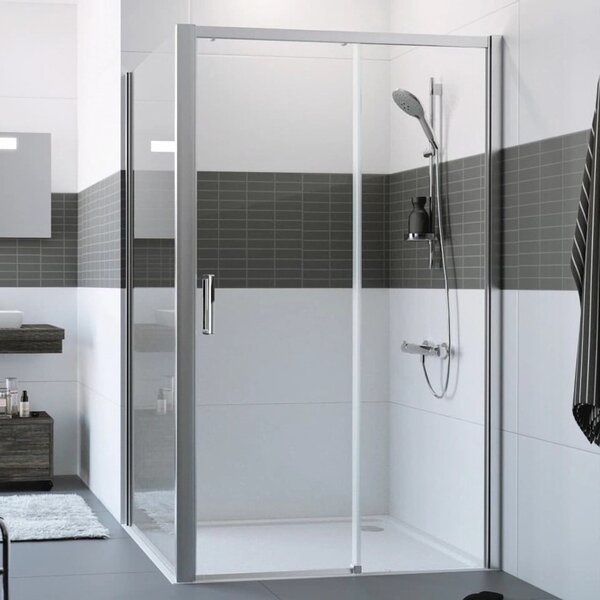 Hüppe Classics 2 EasyEntry - Posuvné dvere 1-dielne s pevným segmentom 2000x1200 mm, upevnenie vpravo, strieborná pololesklá, číre sklo s Anti-Plaque C25609.069.322