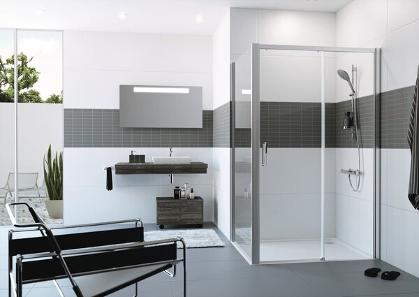 Hüppe Classics 2 EasyEntry - Posuvné dvere 1-dielne s pevným segmentom 2000x1200 mm, upevnenie vpravo, strieborná pololesklá, číre sklo s Anti-Plaque C25609.069.322