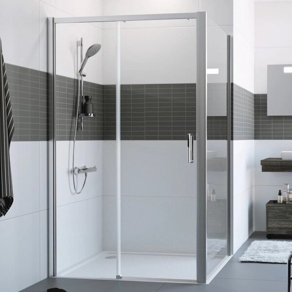 Hüppe Classics 2 EasyEntry - Posuvné dvere 1-dielne s pevným segmentom 2000x1400 mm, upevnenie vľavo, strieborná polelesklá, číre sklo s Anti-Plaque C25311.069.322