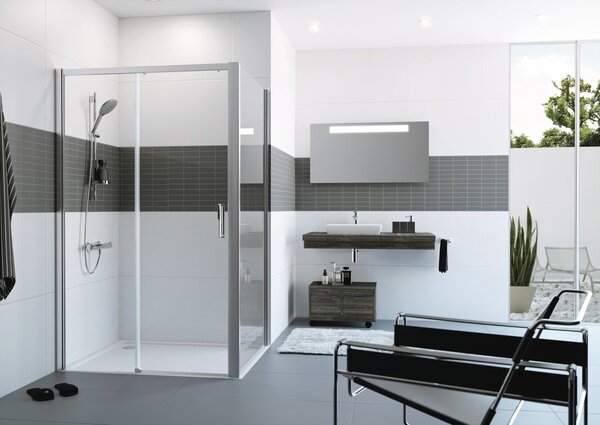Hüppe Classics 2 EasyEntry - Posuvné dvere 1-dielne s pevným segmentom 2000x1400 mm, upevnenie vľavo, strieborná polelesklá, číre sklo s Anti-Plaque C25311.069.322