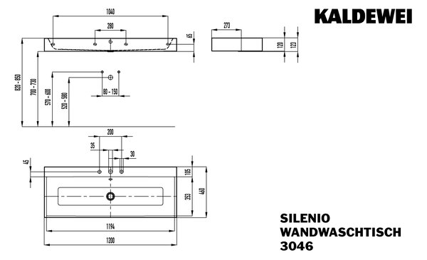 Kaldewei Silenio - Umývadlo na stenu 1200x460 mm, 1 otvor pre batériu, s prepadom, Perl-Effekt, alpská biela 904506013001
