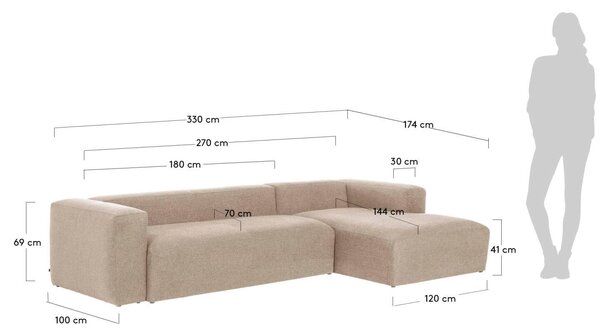 MUZZA ROHOVÁ pohovka BLOK 330 cm BÉŽOVÁ PRAVÁ