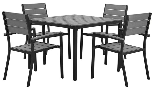 5-dielna vonkajšia jedálenská súprava sivými 4-sedačkovými stoličkami v lamelovom dizajne