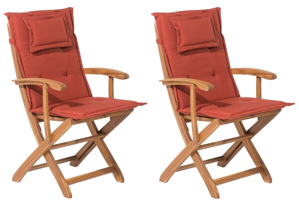 Sada 2 záhradných jedálenských stoličiek zo svetlého dreva s červeným vankúšom z akáciového dreva, skladací rustikálny dizajn