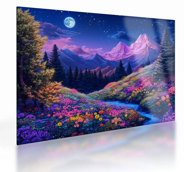 Sklenený obraz - Fialová krajina pri úplnku (70x50 cm)