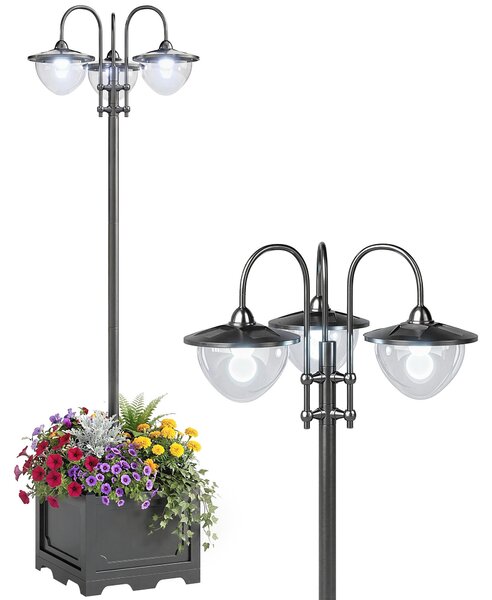 Solárne záhradné svietidlo Outsunny, trojramenná lampa s podstavcom v tvare kvetináča z nehrdzavejúcej ocele