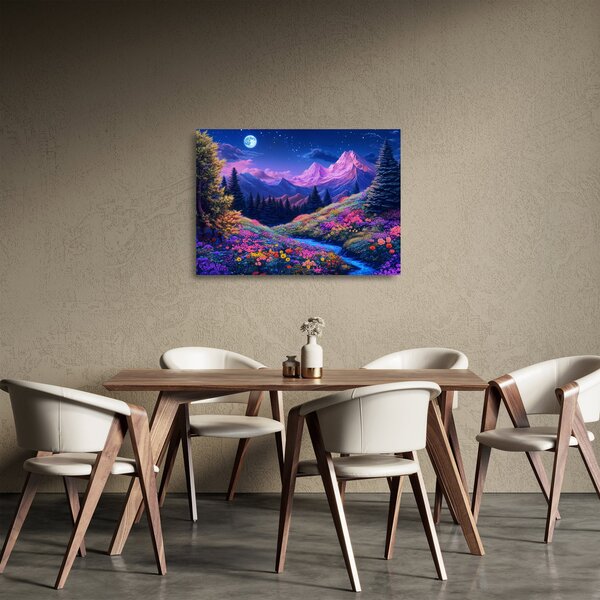 Sklenený obraz - Fialová krajina pri úplnku (70x50 cm)