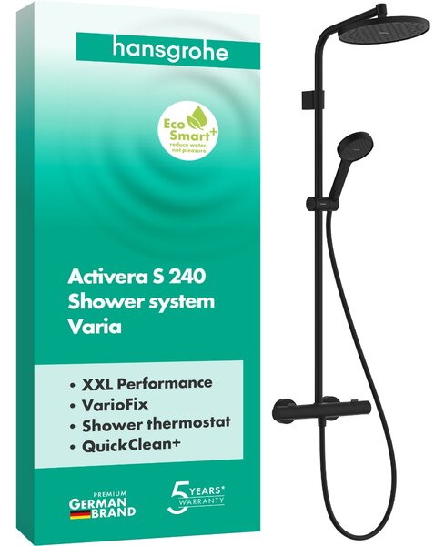 Hansgrohe Activera S - Sprchový systém Showerpipe 240 1jet so sprchovou tyčou Varia s termostatom Ecostat Fine, EcoSmart, čierna matná 28078670