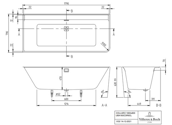 Villeroy & Boch Collaro - Vaňa ku stene 1790x790mm, ľavá, alpská biela UBA180COR9CL00VP01