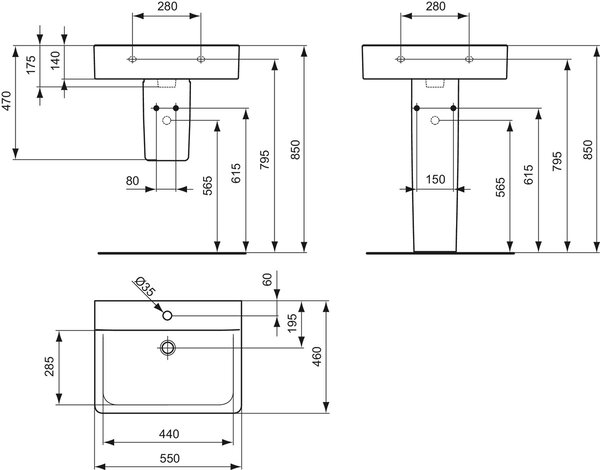 Ideal Standard Connect - Umývadlo CUBE 550x460 mm, bez prepadu, 1 otvor pre batériu, biela E811301