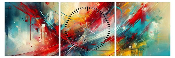 Obraz – Abstrakcia s červenou (s hodinami) (90x30 cm)
