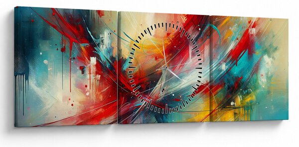 Obraz – Abstrakcia s červenou (s hodinami) (90x30 cm)