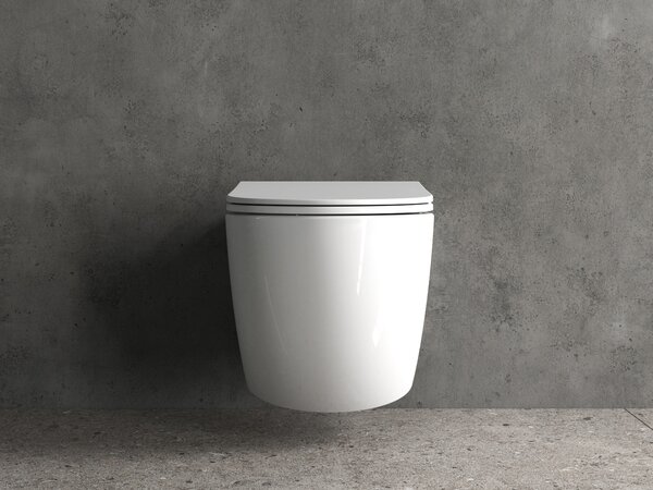 Bocchi Dura - Závesné WC 355x525 mm Rimless + slim sedátko, SoftClose - SET, biela lesklá