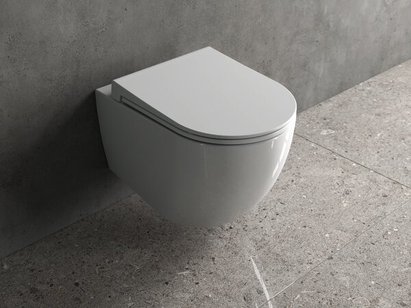 Bocchi Dura - Závesné WC 355x525 mm Rimless + slim sedátko, SoftClose - SET, biela lesklá