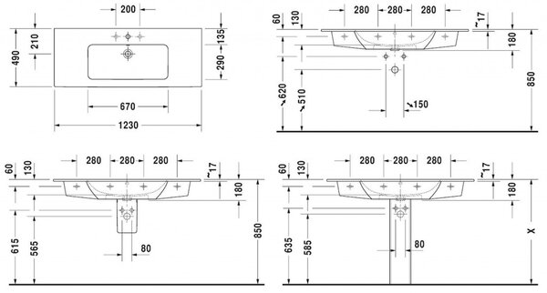 Duravit ME by Starck - Nábytkové umývadlo 1230x490 mm, s prepadom, biela matná 2336123200