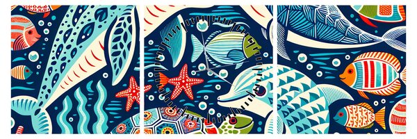 Obraz – Kreslené vodné zvieratká (s hodinami) (90x30 cm)