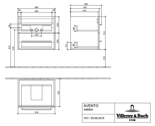 Villeroy & Boch AVENTO : Spodná skrinka 580x514x452mm, 2 výsuvné diely, Nordic Oak A88900VJ
