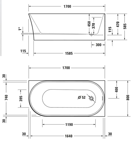 Duravit DuraSenja - Voľne stojaca vaňa 1700x800 mm do pravého rohu, biela 700581000000000