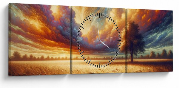 Obraz – Strom na poli (s hodinami) (90x30 cm)