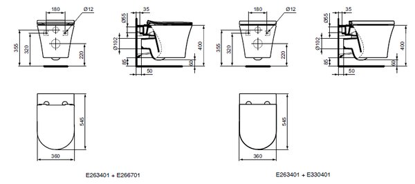 Ideal Standard La Dolce Vita - Závesné WC 545x360 mm, AquaBlade®, biela E263401