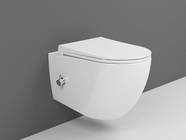 Bocchi Dura - Závesné WC 355x525 mm Rimless + bidetový set + slim sedátko, SoftClose - SET, biela lesklá