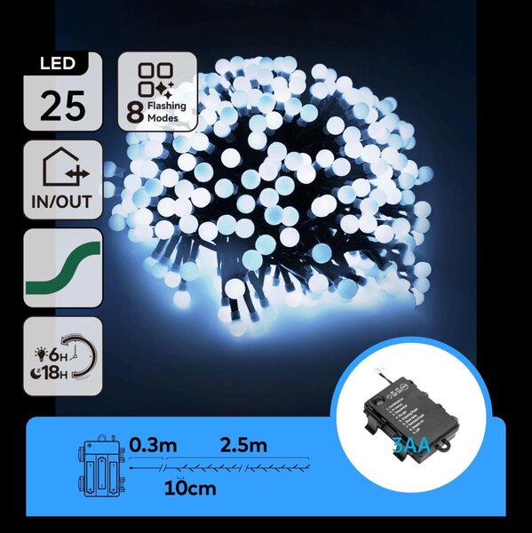 Aigostar - LED vonkajší vianočný svetelný reťazec 25xLED/8 funkcií 3xAA 2,8m IP44 studená biela
