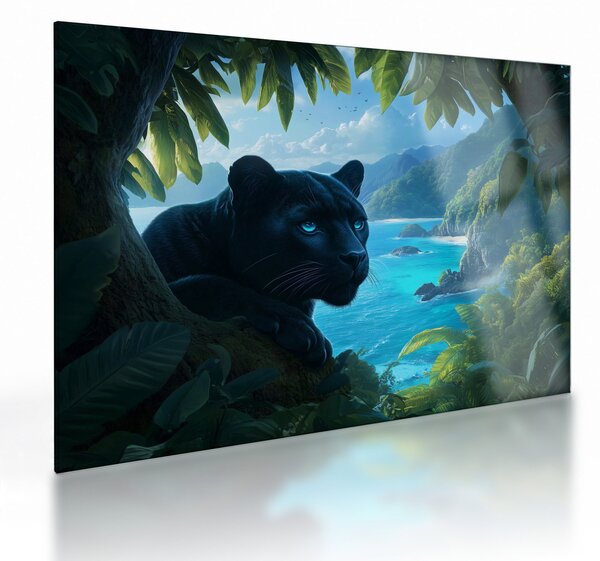 Sklenený obraz - Čierny panter v džungli (70x50 cm)