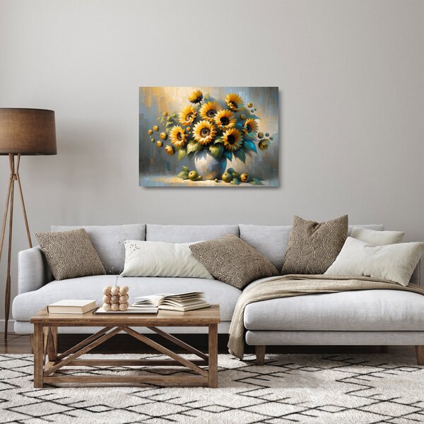 Sklenený obraz – Váza so slnečnicami (70x50 cm)