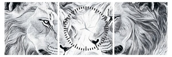 Obraz - Kreslené levie hlavy (s hodinami) (90x30 cm)