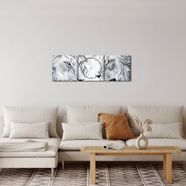 Obraz - Kreslené levie hlavy (s hodinami) (90x30 cm)