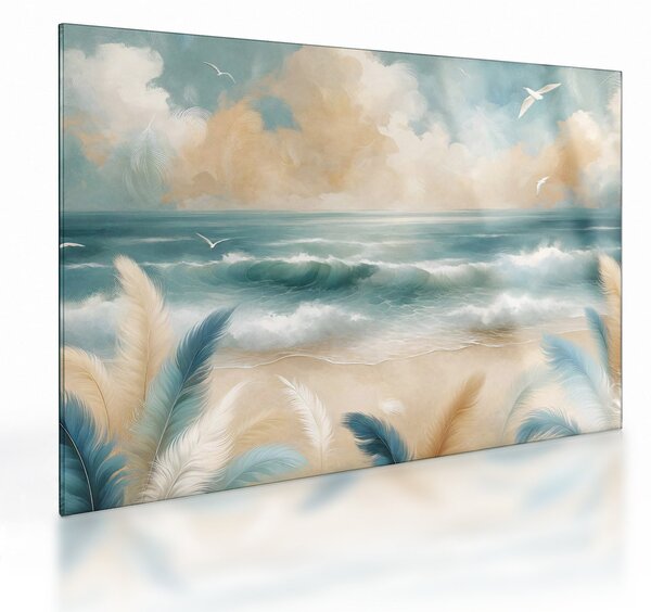 Sklenený obraz – Maľovaná pláž v jemných farbách (70x50 cm)
