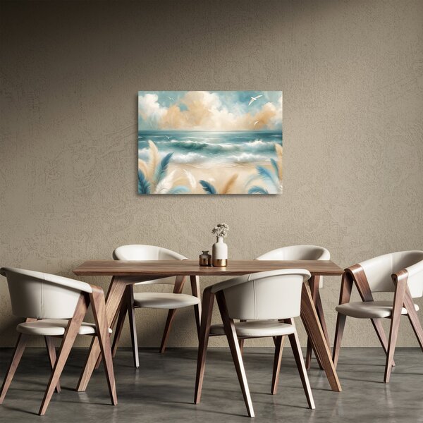Sklenený obraz – Maľovaná pláž v jemných farbách (70x50 cm)