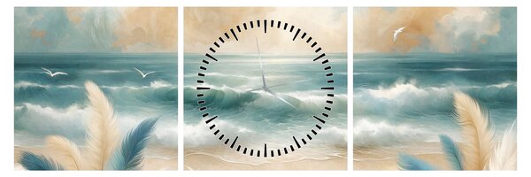 Obraz – Maľovaná pláž v jemných farbách (s hodinami) (90x30 cm)