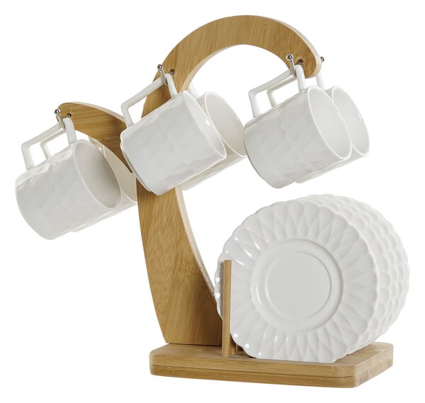 Kávová súprava "WHITE DROP" porcelán-bambus na stojane, 13ks, 26x12x25 cm (PC-188267 COFFEE SET 6 PORCELAIN BAMBOO 26X12X25 90ML, WHITE)