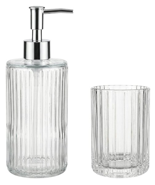 Sinsay - Sklenený dávkovač na mydlo a pohár na kefky s vrúbkovaním 2 pack - biela