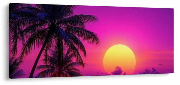 Obraz - Fialový západ s palmou (120x50 cm)