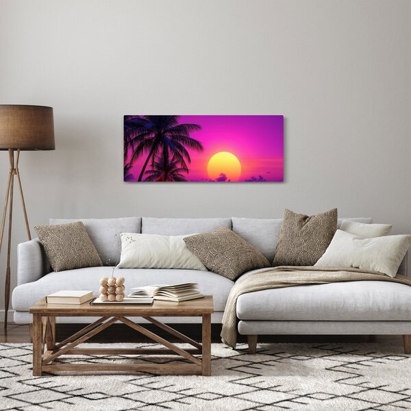 Obraz - Fialový západ s palmou (120x50 cm)