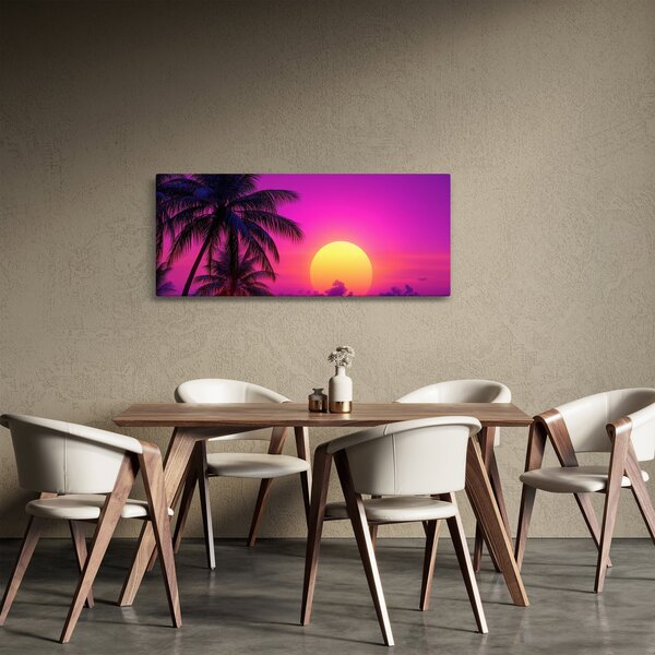 Obraz - Fialový západ s palmou (120x50 cm)