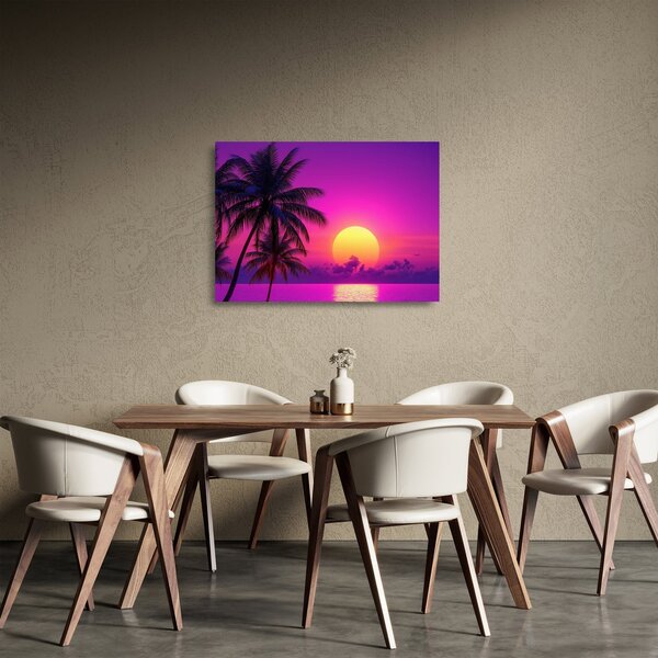 Sklenený obraz - Fialový západ s palmou (70x50 cm)