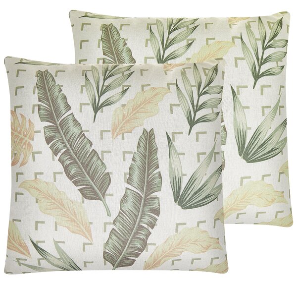 Sada 2 dekoratívnych vankúšov béžová zelená polyester 45 x 45 cm štvorcový tvar rastlinný vzor boho štýl doplnky