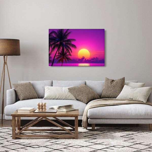 Obraz - Fialový západ s palmou (90x60 cm)