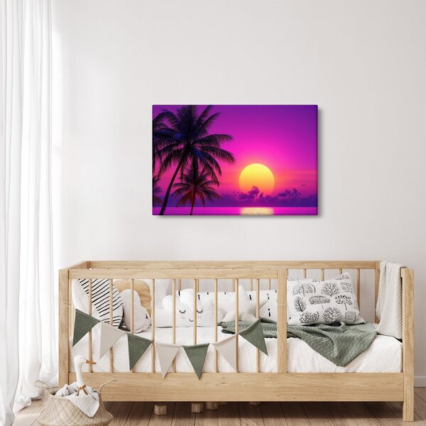 Obraz - Fialový západ s palmou (90x60 cm)