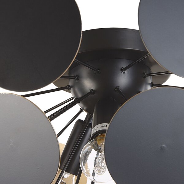 Stropná lampa čierna a zlatá kovová s pologuľovým tienidlom z kruhov 2 žiarovky industriálny art deco štýl