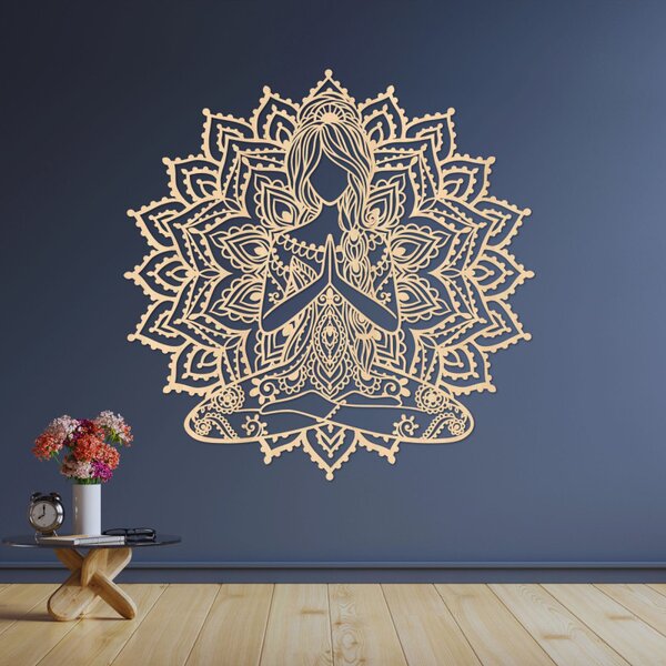 Drevená mandala joga žena – moderný 3D obraz na stenu do obývačk | SENTOP HDF0511