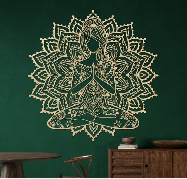 Drevená mandala joga žena – 3D obraz na stenu do obývačky | SENTOP PR0511