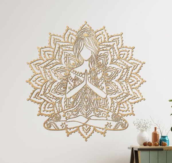 Drevená mandala joga žena – 3D obraz na stenu do obývačky | SENTOP PR0511