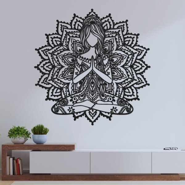 Drevená mandala joga žena – moderný 3D obraz na stenu do obývačk | SENTOP HDF0511